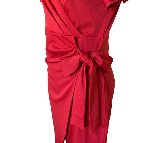 Red Faux Wrap Dress with Side Tie – Short Sleeve Knee Length Women’s Size M - Picture 3 of 10